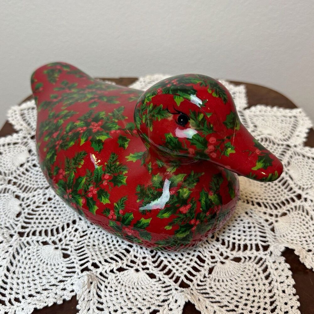 Large Christmas Duck Figurine Holly Berry Holiday Decor 11”